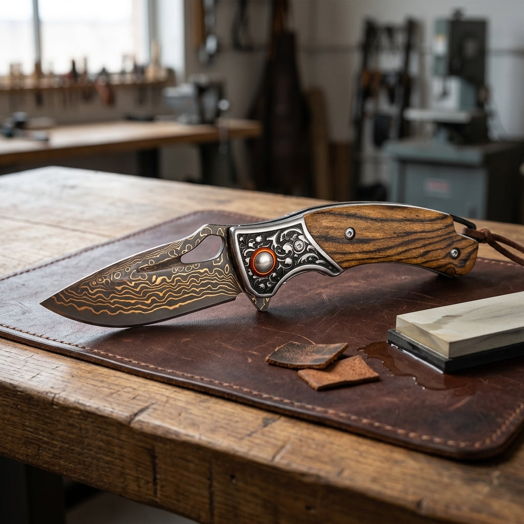 Sigma Acid Wood Damascus Ball Bearing Flipper Knife