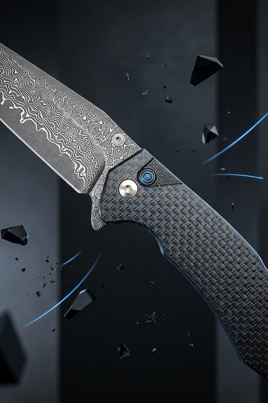 Damascus Ball Bearing Flipper Knife - Carbon Fiber Handle