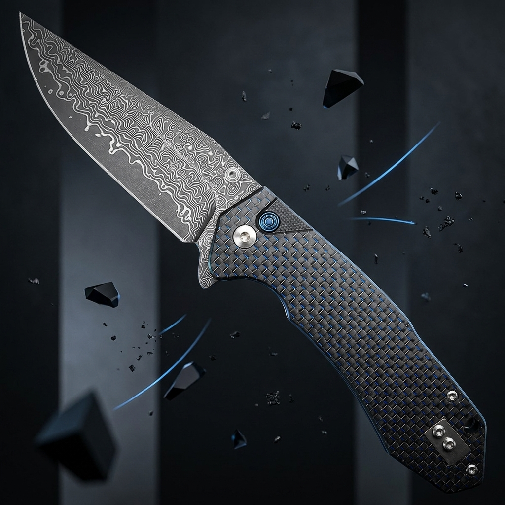 Damascus Ball Bearing Flipper Knife - Carbon Fiber Handle