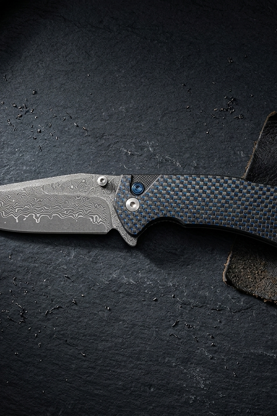 Damascus Ball Bearing Flipper Knife - Carbon Fiber Handle