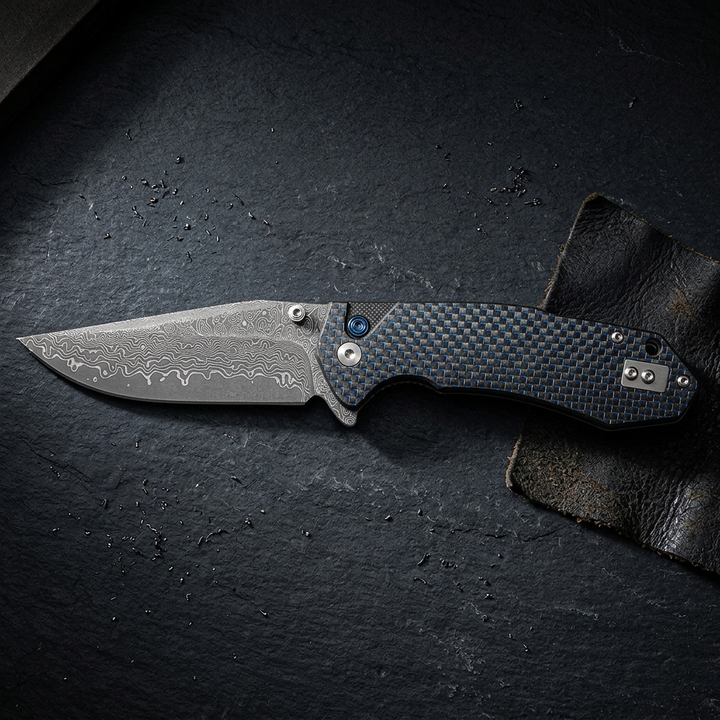 Damascus Ball Bearing Flipper Knife - Carbon Fiber Handle