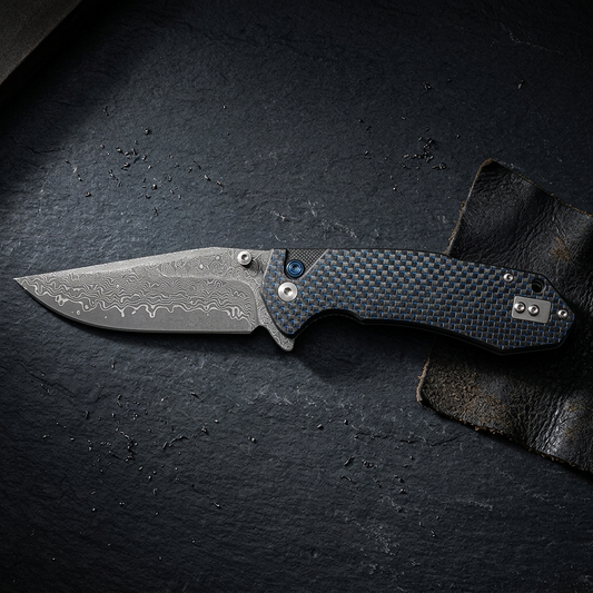 Damascus Ball Bearing Flipper Knife - Carbon Fiber Handle