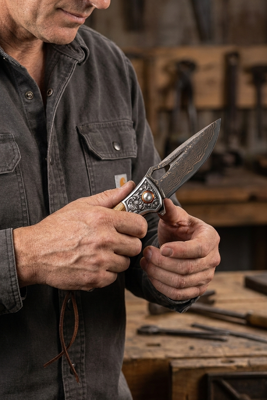 Sigma Acid Wood Damascus Ball Bearing Flipper Knife