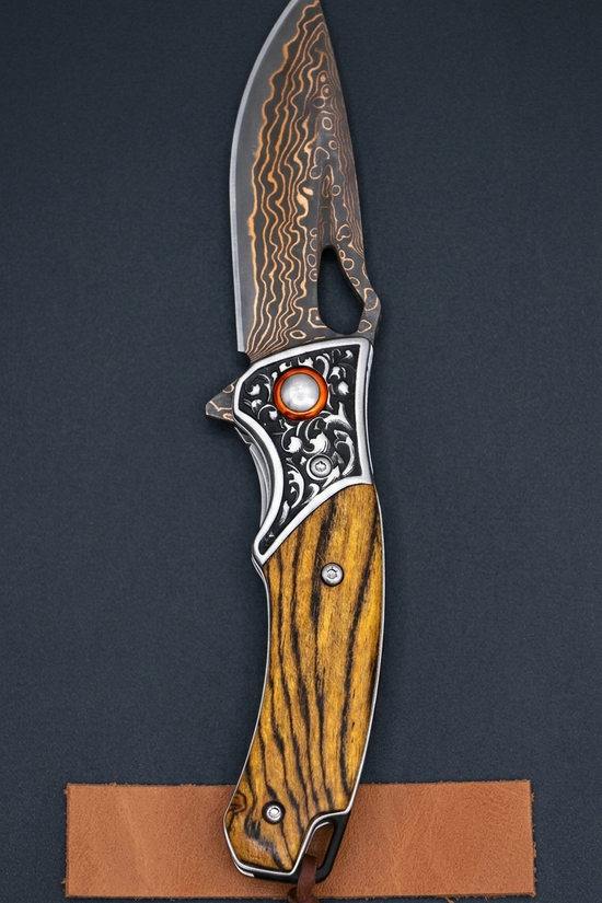 Sigma Acid Wood Damascus Ball Bearing Flipper Knife
