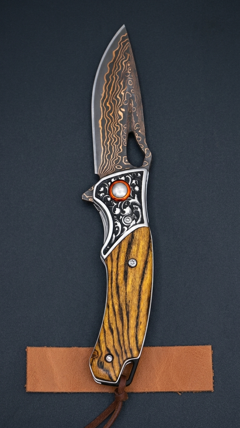 Sigma Acid Wood Damascus Ball Bearing Flipper Knife