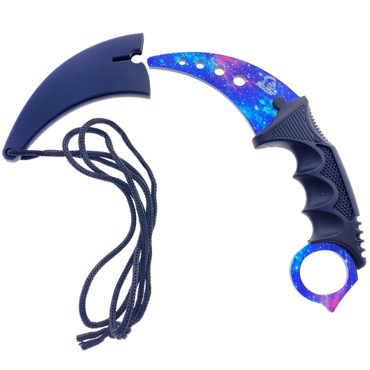 Falcon purple karambit trainer knife with galaxy design blade and black ergonomic handle with sheath and cord