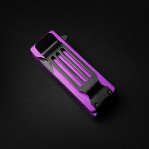 Guild Arms purple knife lighter holder case with black clip on a black background