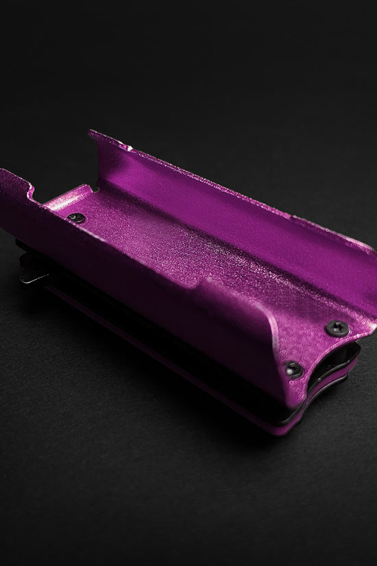 Guild Arms purple knife lighter holder case with secure screws on black background