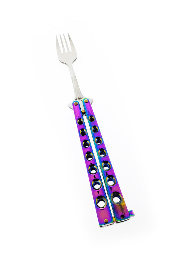 Guild Arms Rainbow Butterfly Fork Knife Trainer with Colorful Design for Practice and Skill Development