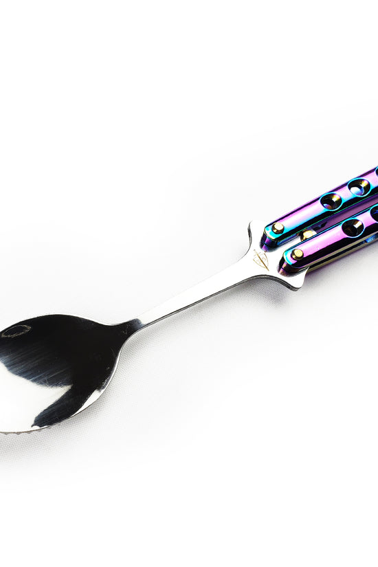 Guild Arms Rainbow Butterfly Spoon with a sleek stainless steel design and vibrant handle colors