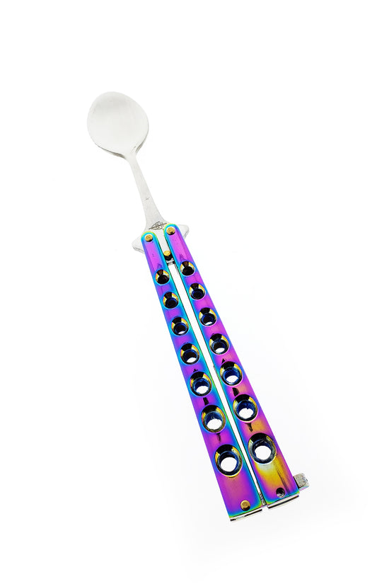 Guild Arms Rainbow Butterfly Spoon Trainer with vibrant rainbow-colored handle and stainless steel spoon