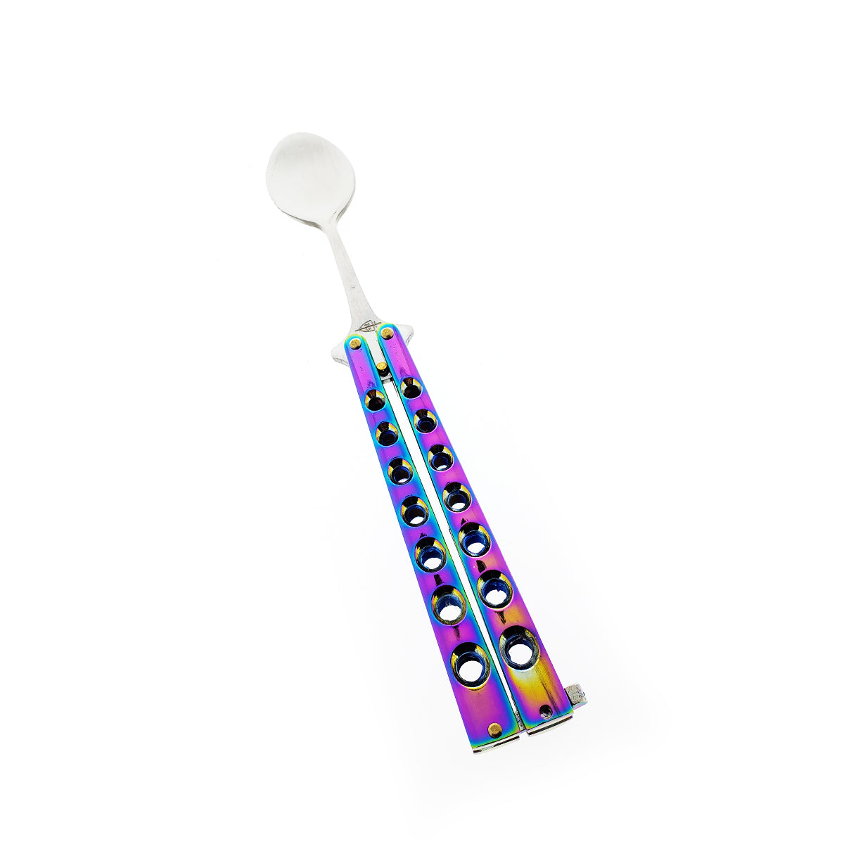 Guild Arms Rainbow Butterfly Spoon Trainer with vibrant rainbow-colored handle and stainless steel spoon