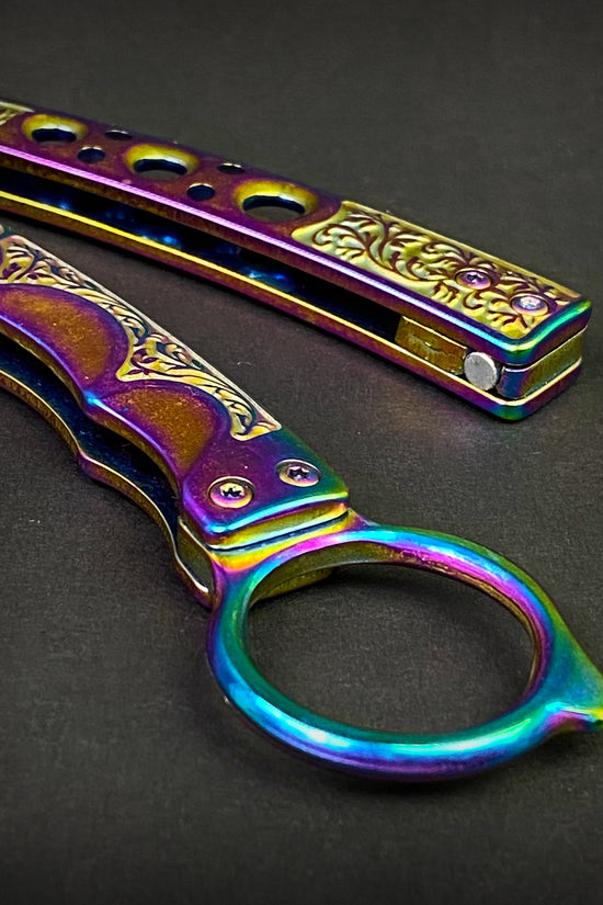Guild Arms rainbow butterfly trainer knife with ornate engraved handles for safe practice