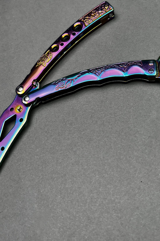 Guild Arms rainbow butterfly trainer knife with detailed cutouts and colorful handle design