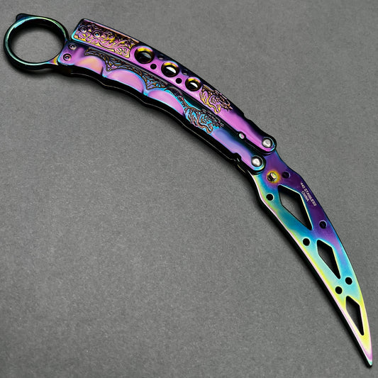 Guild Arms rainbow butterfly trainer knife with vibrant multicolor metallic finish and intricate design details