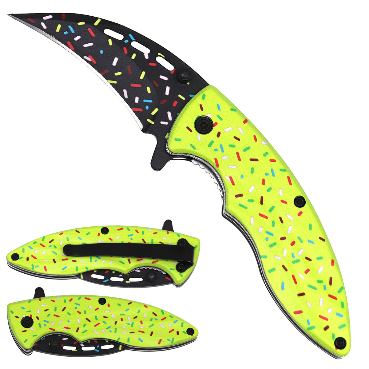 Rainbow Sprinkles Spring Assisted Pocket Knives with vibrant sprinkles design and ergonomic handle