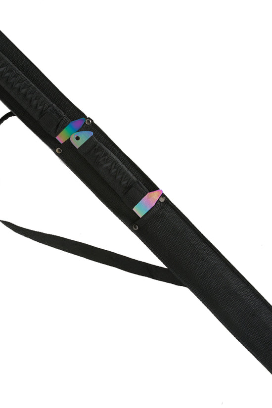 Guild Arms rainbow twin machete set with black sheath and iridescent rainbow handles and accents