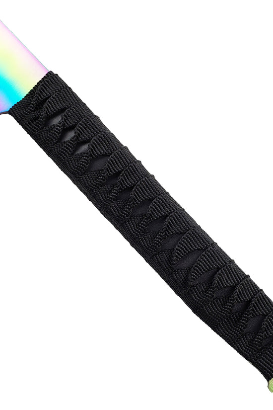 Close-up of Guild Arms rainbow twin machete set with black wrapped handle and iridescent blade