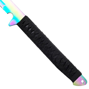 Close-up of Guild Arms rainbow twin machete set with black wrapped handle and iridescent blade