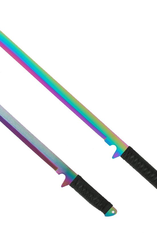 Guild Arms rainbow twin machete set with colorful blades and black textured handles