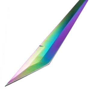 Close-up of the sharp blade from the Guild Arms rainbow twin machete set with a vibrant rainbow finish