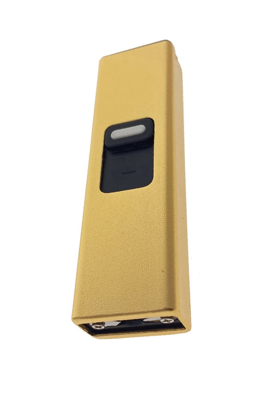 Guild Arms rechargeable mini stun gun with flashlight in gold, compact design for safety and convenience
