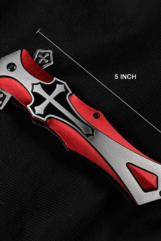 Guild Arms red cross handle spring pocket knife featuring a sleek design and a 5-inch blade