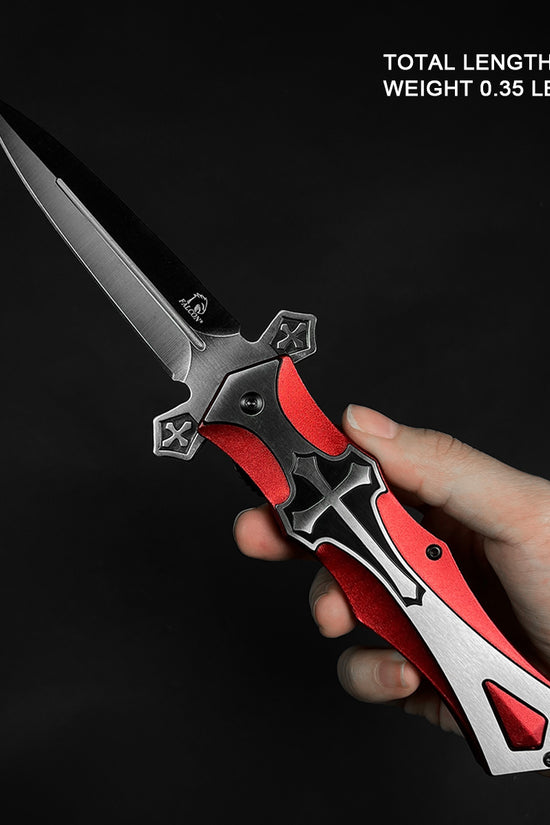 Red cross handle spring pocket knife by Guild Arms, featuring a sleek design and 9-inch total length