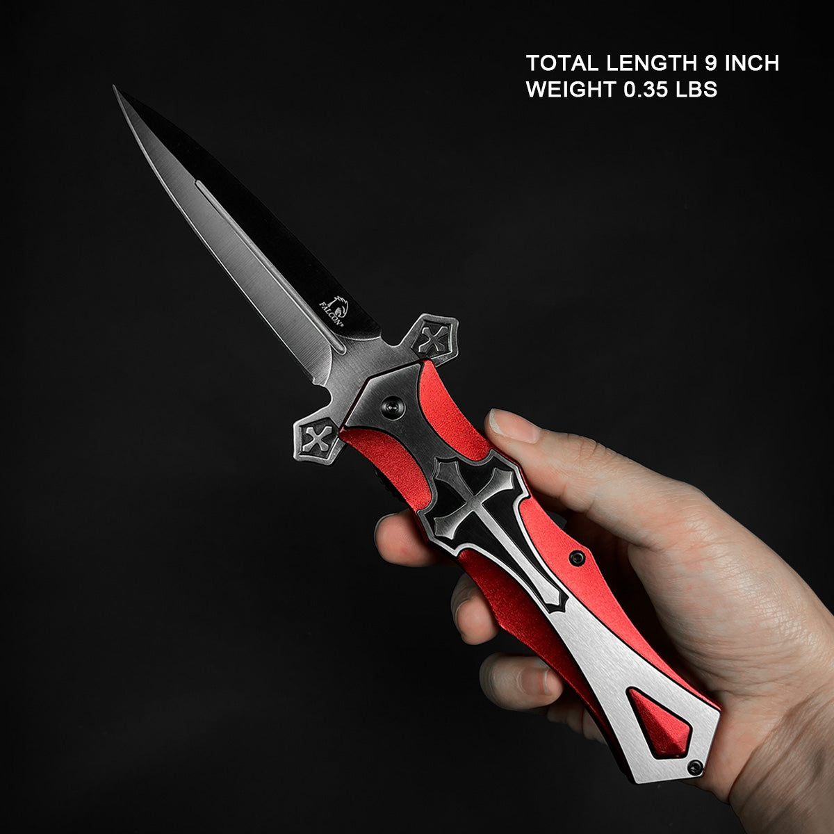 Red cross handle spring pocket knife by Guild Arms, featuring a sleek design and 9-inch total length