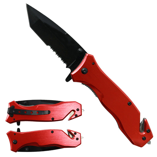 Guild Arms Spring Assisted Pocket Knife in Red with glass breaker and serrated blade for emergency use