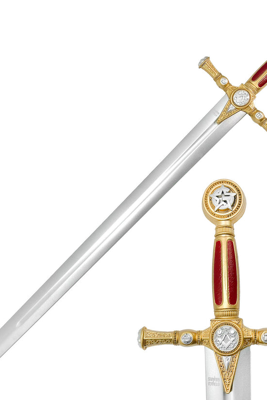 Red freemason foam sword with detailed golden hilt and silver blade design for safe play