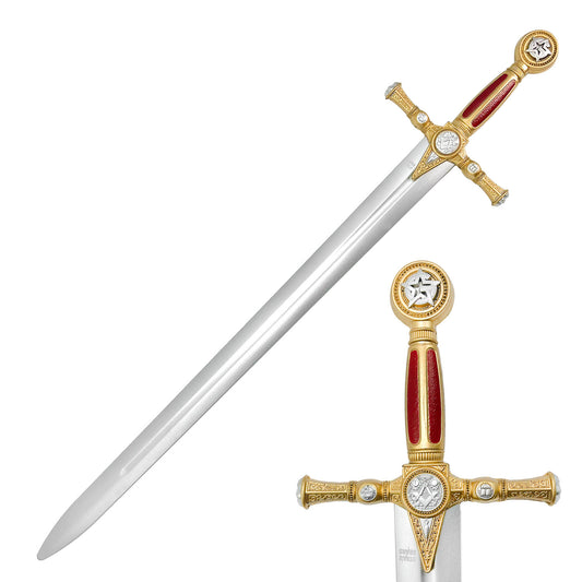Red freemason foam sword with detailed golden hilt and silver blade design for safe play