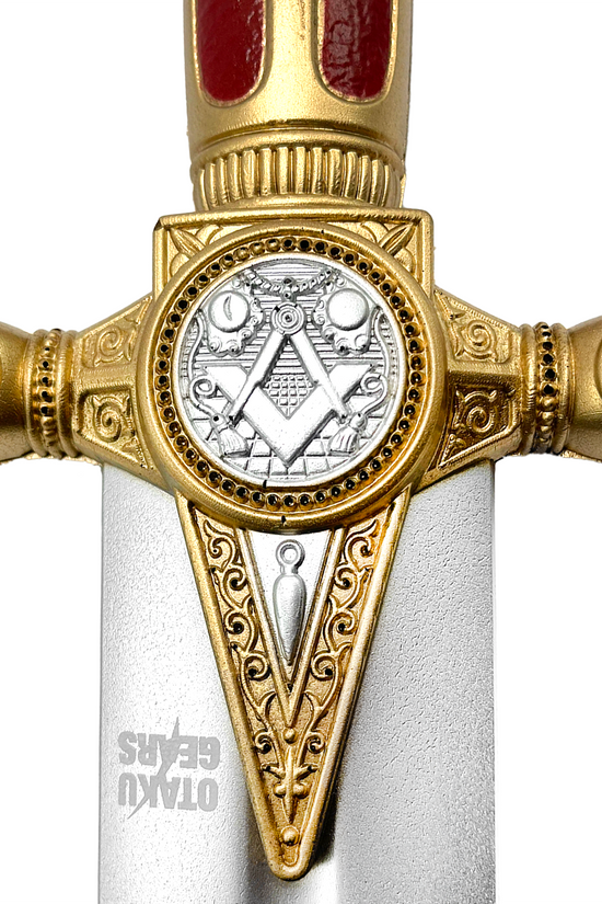 Close-up of red freemason Foam sword with detailed Masonic emblem and ornate hilt design