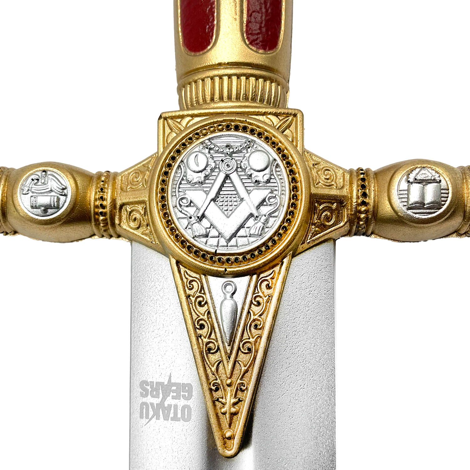 Close-up of red freemason Foam sword with detailed Masonic emblem and ornate hilt design