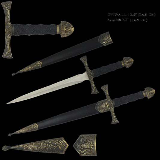 Richard the Lion Heart dagger with ornate handle and black sheath decorated with gold designs by Fantasy Edge