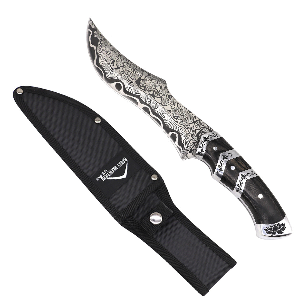 Rocky Mountain Hunting Knife with Damascus Steel Blade and Black Handle, includes protective sheath