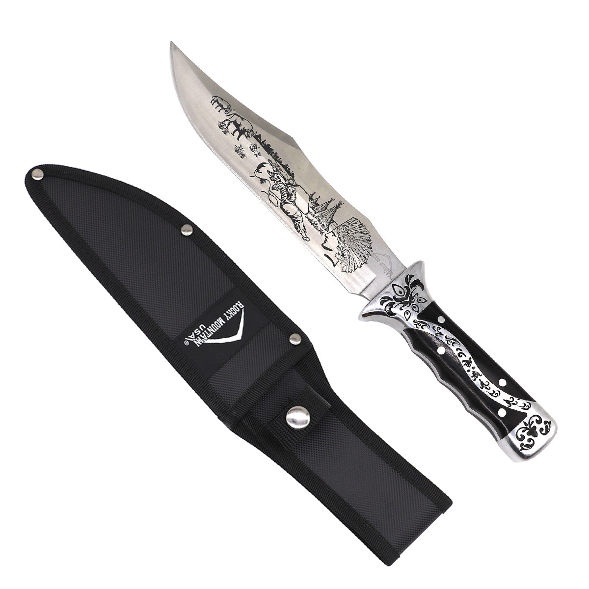 Rocky Mountain Hunting Knife with intricate blade design and protective sheath for outdoor enthusiasts