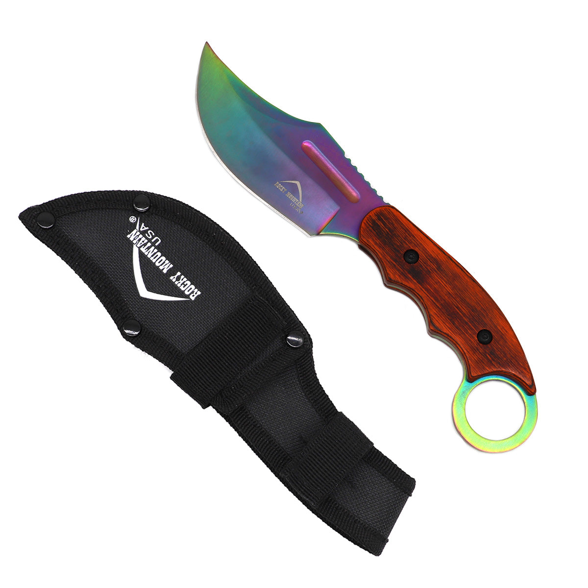 Rocky Mountain Hunting Knife with colorful blade and wooden handle, includes a durable sheath