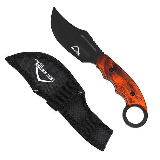 Rocky Mountain Hunting Knife - Wood Handle with a black blade and protective sheath included