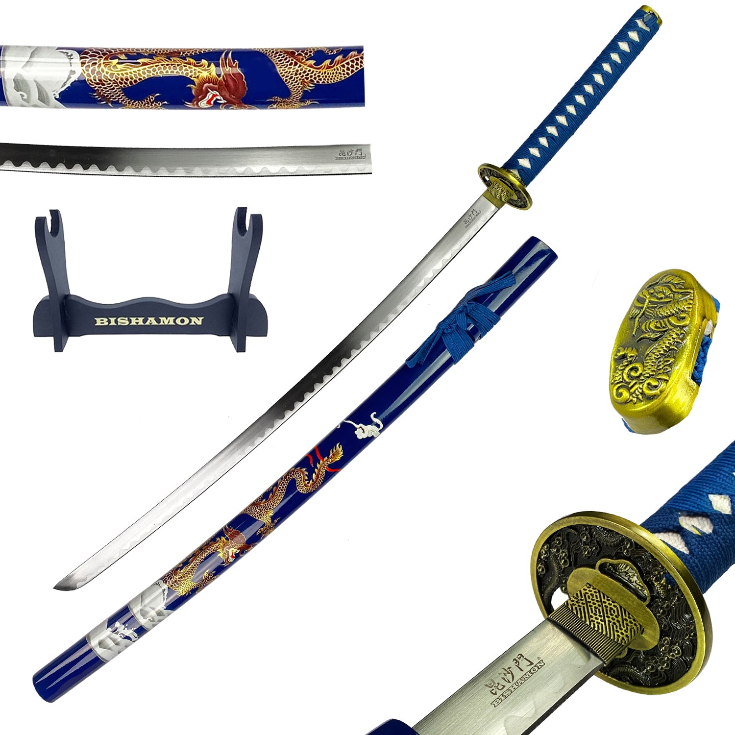 Bishamon 42 1/2" Samurai Sword Blue Dragon Scabbard w/ Stand