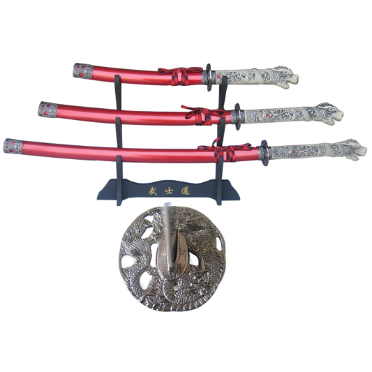 Highland Dragon Samurai Sword Set - 3-Piece Samurai Sword Set with Wood Stand
