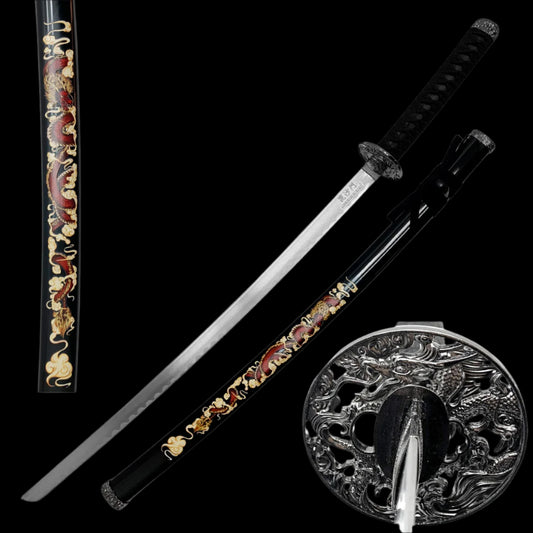 Samurai Sword Dragon scabbard featuring intricate dragon designs and polished blade