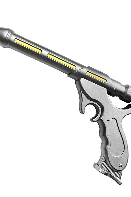 Guild Arms foam gun styled as a silver ray pistol with yellow accents sci-fi cosplay foam pistol prop