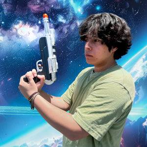 Otaku Gear Sci-fi foam laser gun for Cosplay held by a person against a vibrant cosmic background