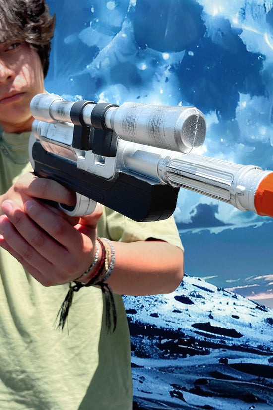 Otaku Gear Sci-fi foam laser gun for Cosplay in a space-themed background with a user holding it