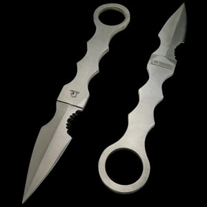Falcon silver fixed blade tactical knife with ergonomic handle and sharp pointed blade on black background