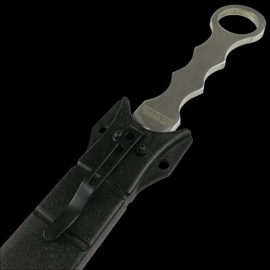 Falcon silver fixed blade tactical knife with ergonomic handle partially sheathed in black case