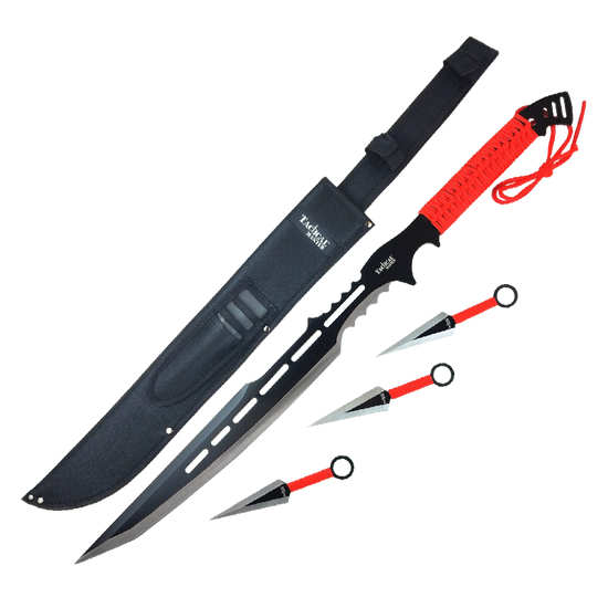 28" Red Machete w 3 Throwing Knives