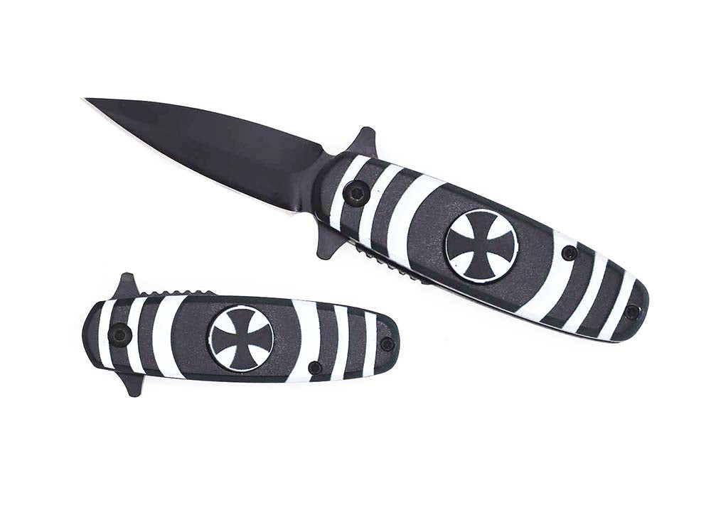 Guild Arms Spring Assisted Knife Black & White with Spinner Function featuring a sleek design and durable blade