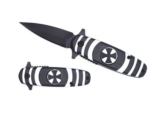 Guild Arms Spring Assisted Knife Black & White with Spinner Function featuring a sleek design and durable blade